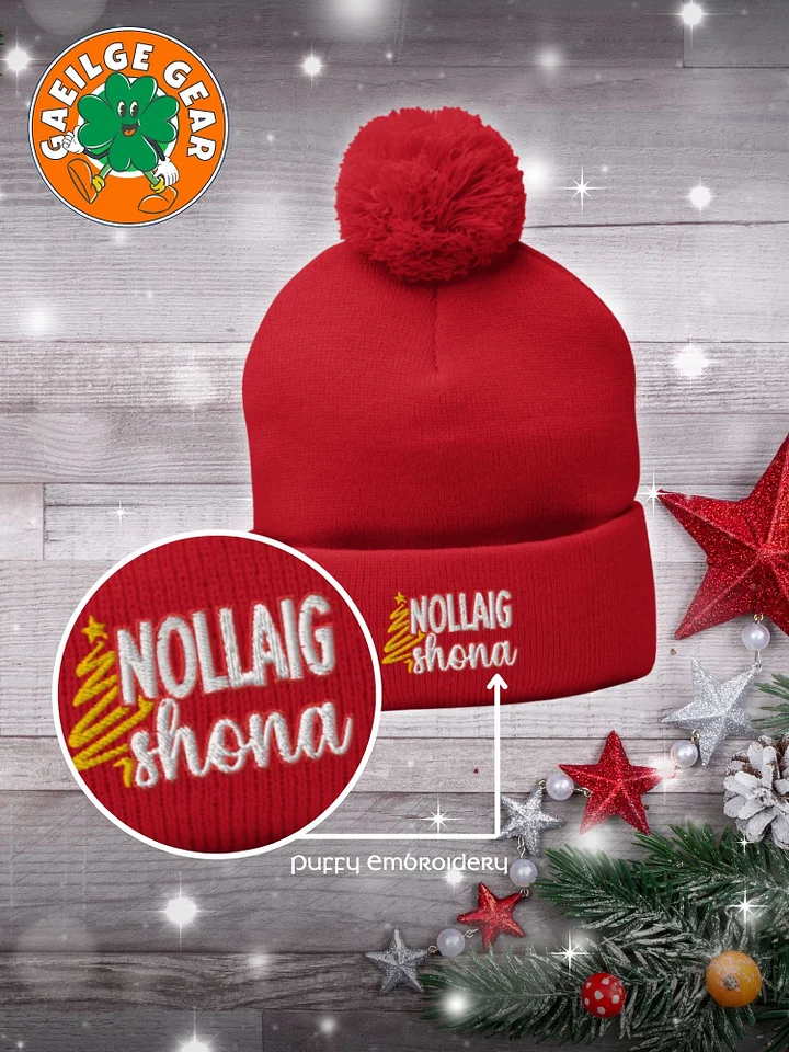Irish Language Christmas Pom-Pom Beanie with Puffy Embroidery product image (1)