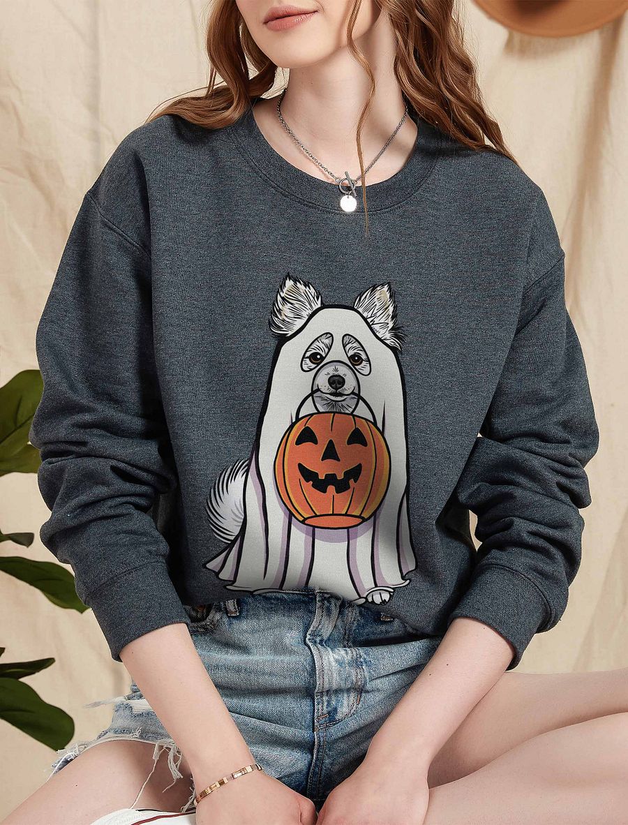 Funny Halloween Pomeranian(White) Sweatshirt | Funny Pomeranian Wearing a Ghost Costume and Holding a Pumpkin Basket product image (5)