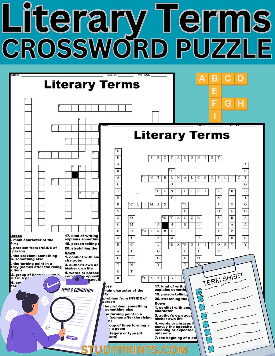 Literary Terms Crossword Puzzle Printable product image (1)