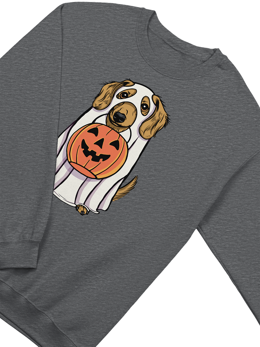 Funny Halloween Longhaired Dachshund(Fawn) Sweatshirt | Funny Doxie/Wiener Wearing a Ghost Costume and Holding a Pumpkin Basket product image (8)