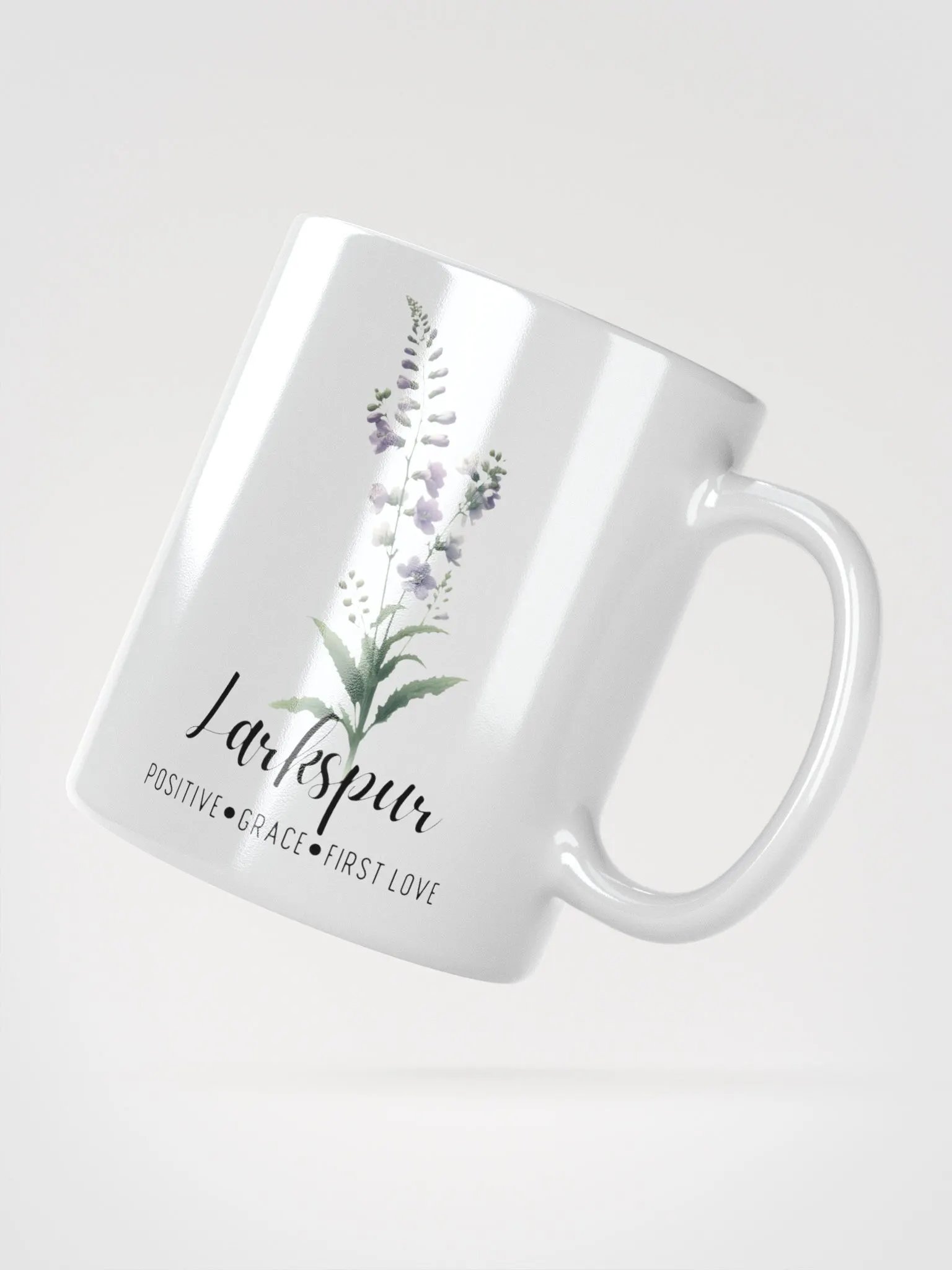 Larkspur Ceramic White Mug: Positive, Grace, First Love, July Birth Month Flower product image (4)