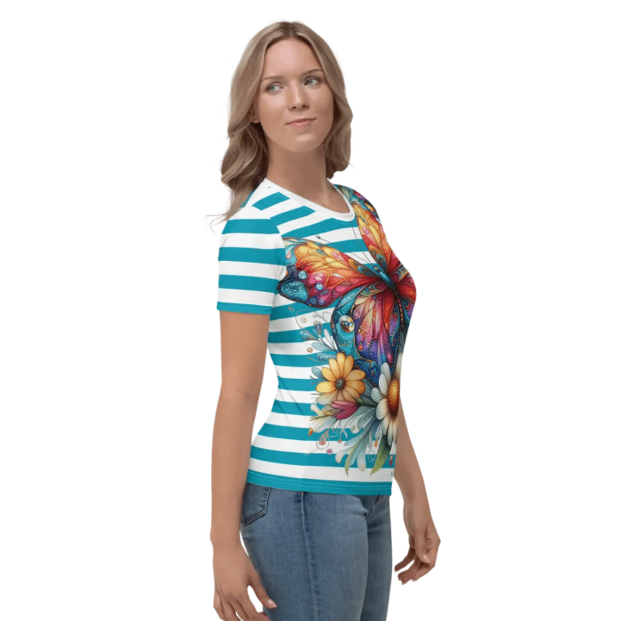 Butterfly Blossom Women's Stripped Teal All-Over Print Tee product image (4)