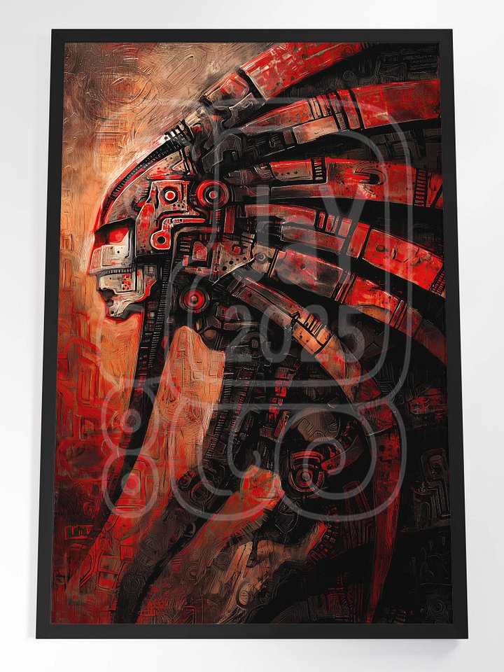 Crimson Sentinel – Cybernetic Tribal Warrior Wall Art Print (Framed Poster) product image (1)