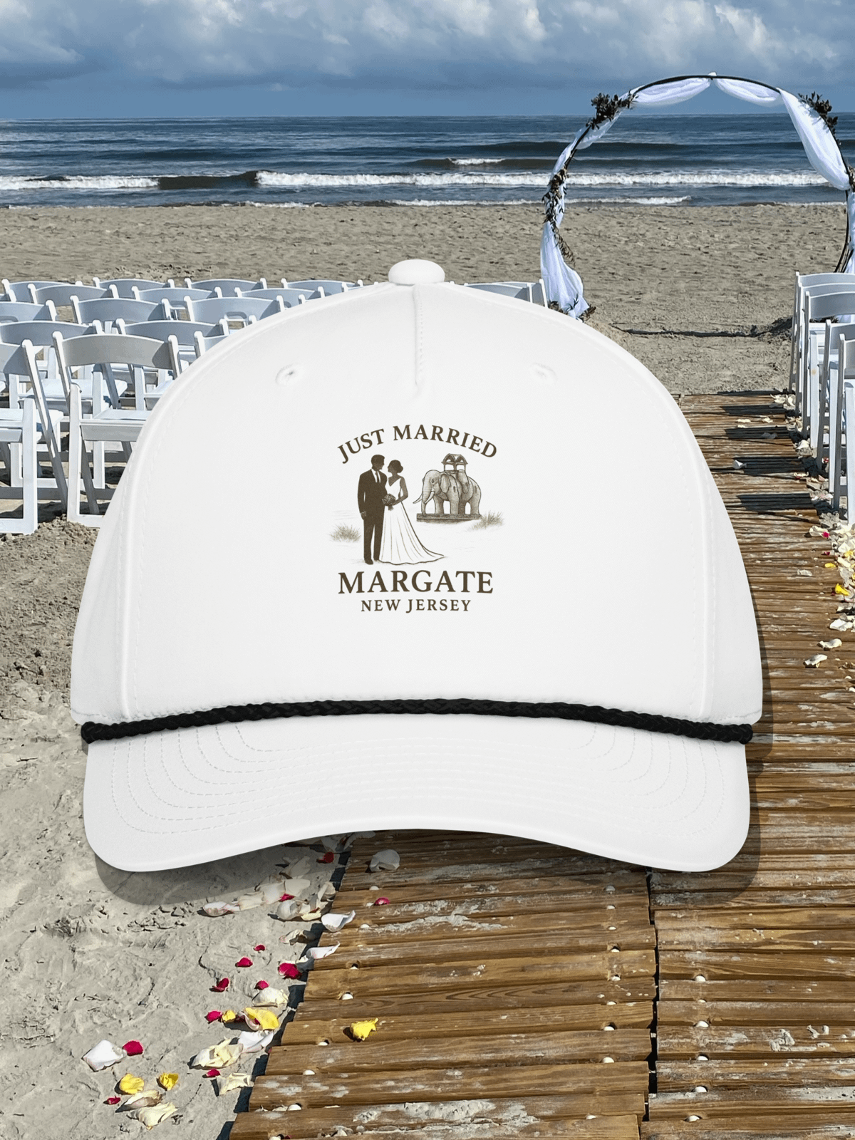 Margate NJ "Just Married" 5-Panel Classic Rope Wedding Cap product image (1)