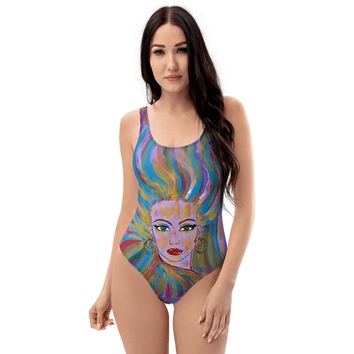 Girl with colorful hair - (art by Dina R.) - acrylic painting picture - One-Piece Swimsuit product image (1)