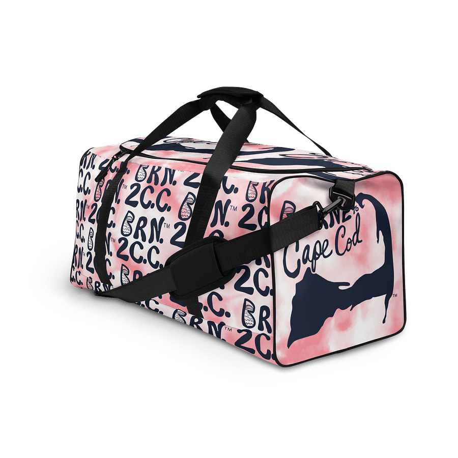 BOURNE to Cape Cod™ | Duffle Bag | BRN.2C.C.™ | Coastal Gym & Travel Gear | 22" All-Over Print Weekender | Navy Blue Logos on Pink Tie-Dye product image (3)