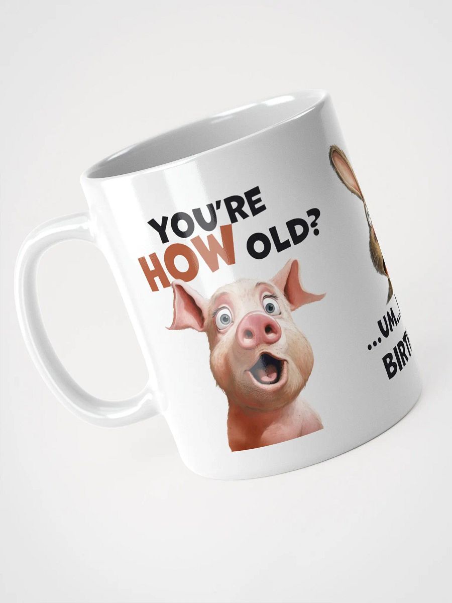 "You're HOW old?" Shocked pig, rabbit and cow. White glossy mug product image (7)