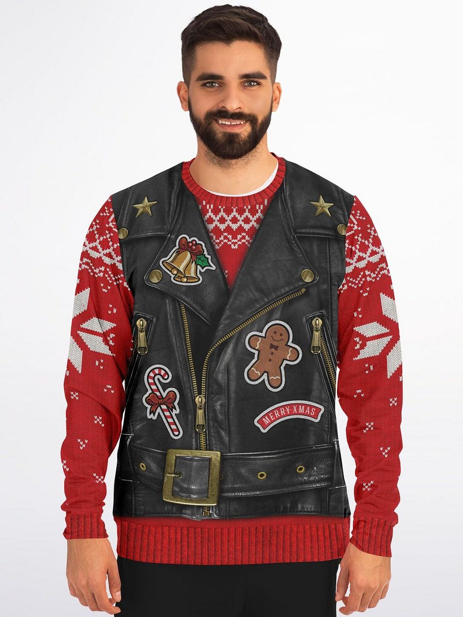 Biker Santa Christmas Sweater - Rebellious Holiday Leather Vest Design Ugly Christmas Sweater product image (1)