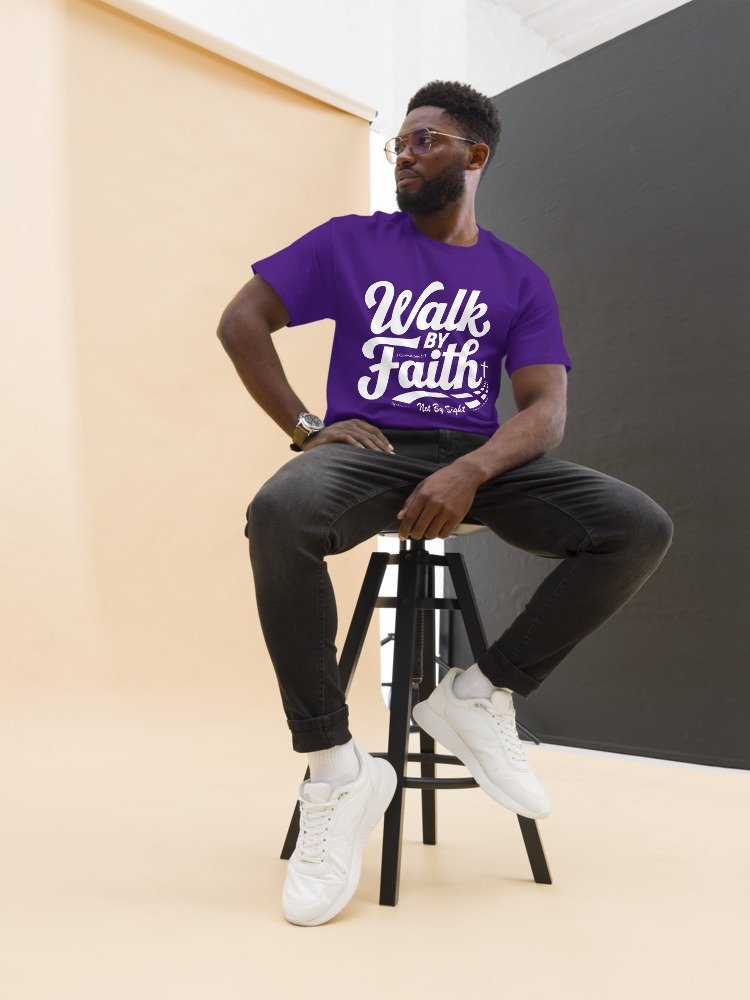 Walk By Faith, Heavyweight Unisex Crewneck T-shirt | Gildan® 5000, 2 Corinthians 5:7, KJV, Bible Verse, Scripture Shirt, White print on Dark Shirts product image (12)