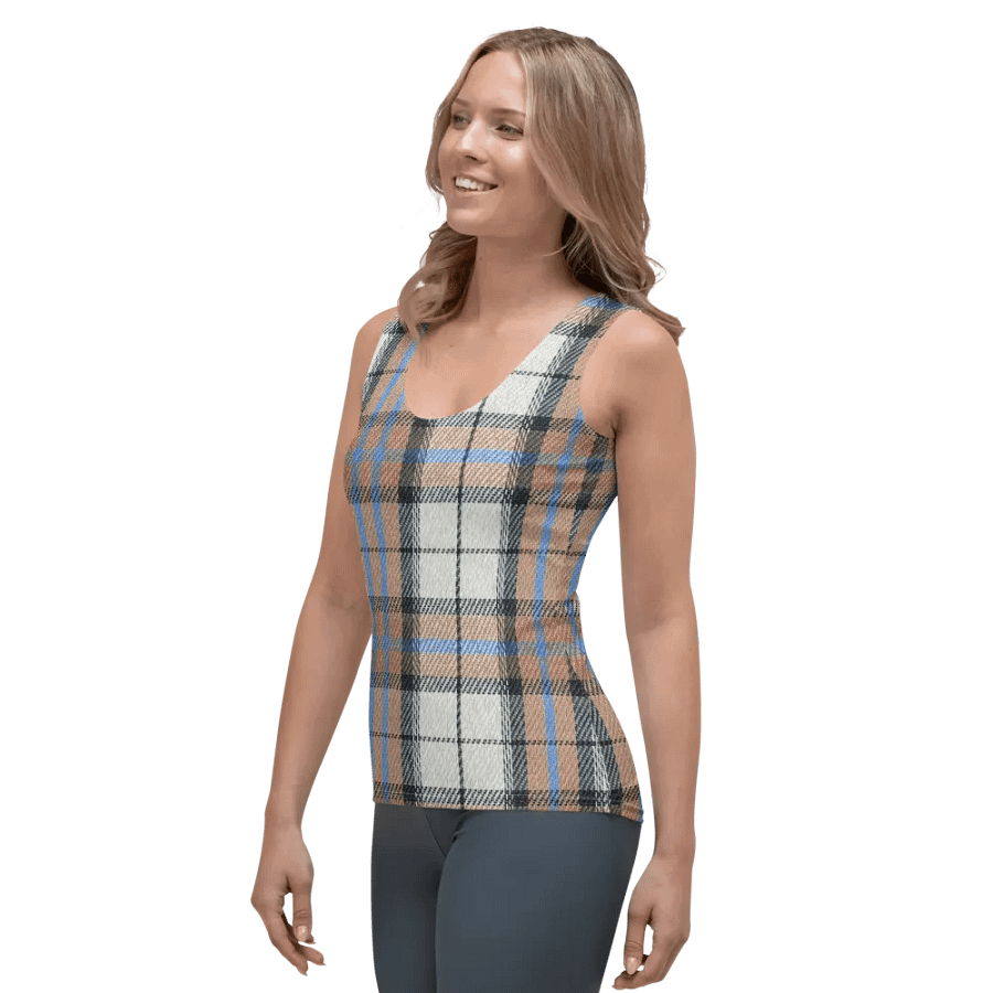 ALL-OVER PRINT BLUE WHITE AND BEIGE CHECKERED PATTERN VINTAGE CHECKERED WOMEN'S TANK TOP product image (3)
