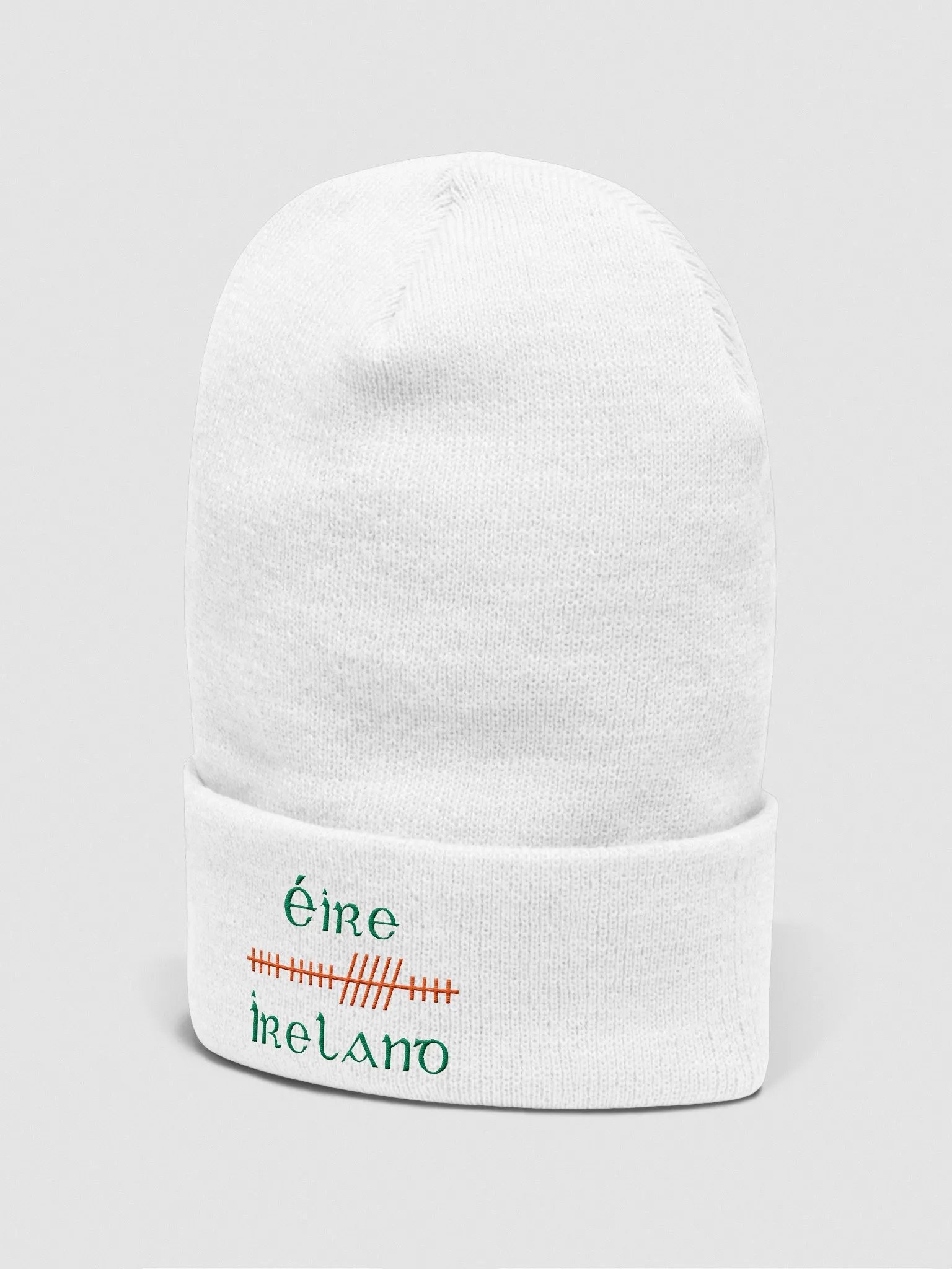 Ireland/Éire Orthodox Style Ogham, White with Green and Orange, embroidered Cuffed Beanie product image (2)