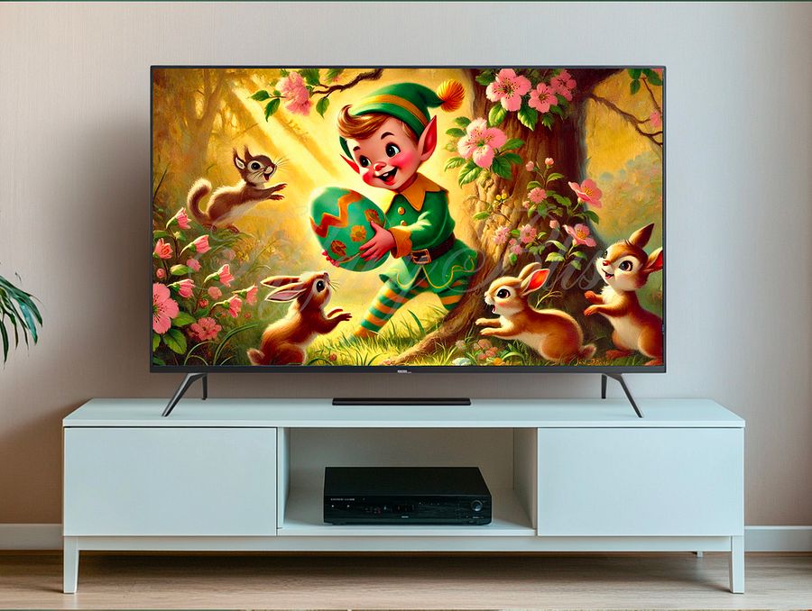 Spring Samsung Frame TV Art, Easter Elf and Bunnies Painting, Retro Art for TV product image (4)