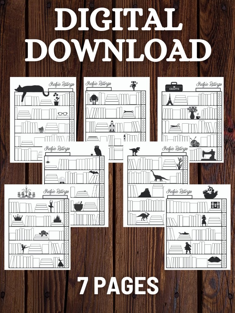 Shelfie Ratings Book Tracker, Black and White Printable Bookcase Journal Log with 7 Themes product image (1)