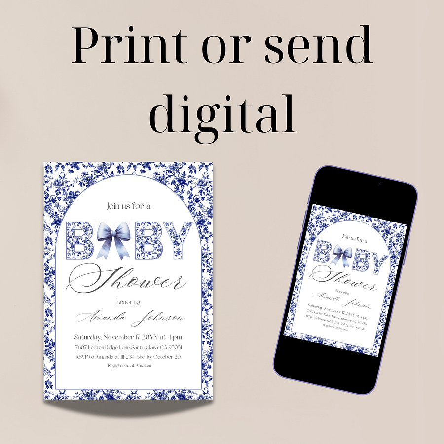 Blue Toile de Jouy and Bow Baby Shower Invitation, Chinoiserie Floral Theme, Boy Baby Shower Invite for Digital Download product image (9)