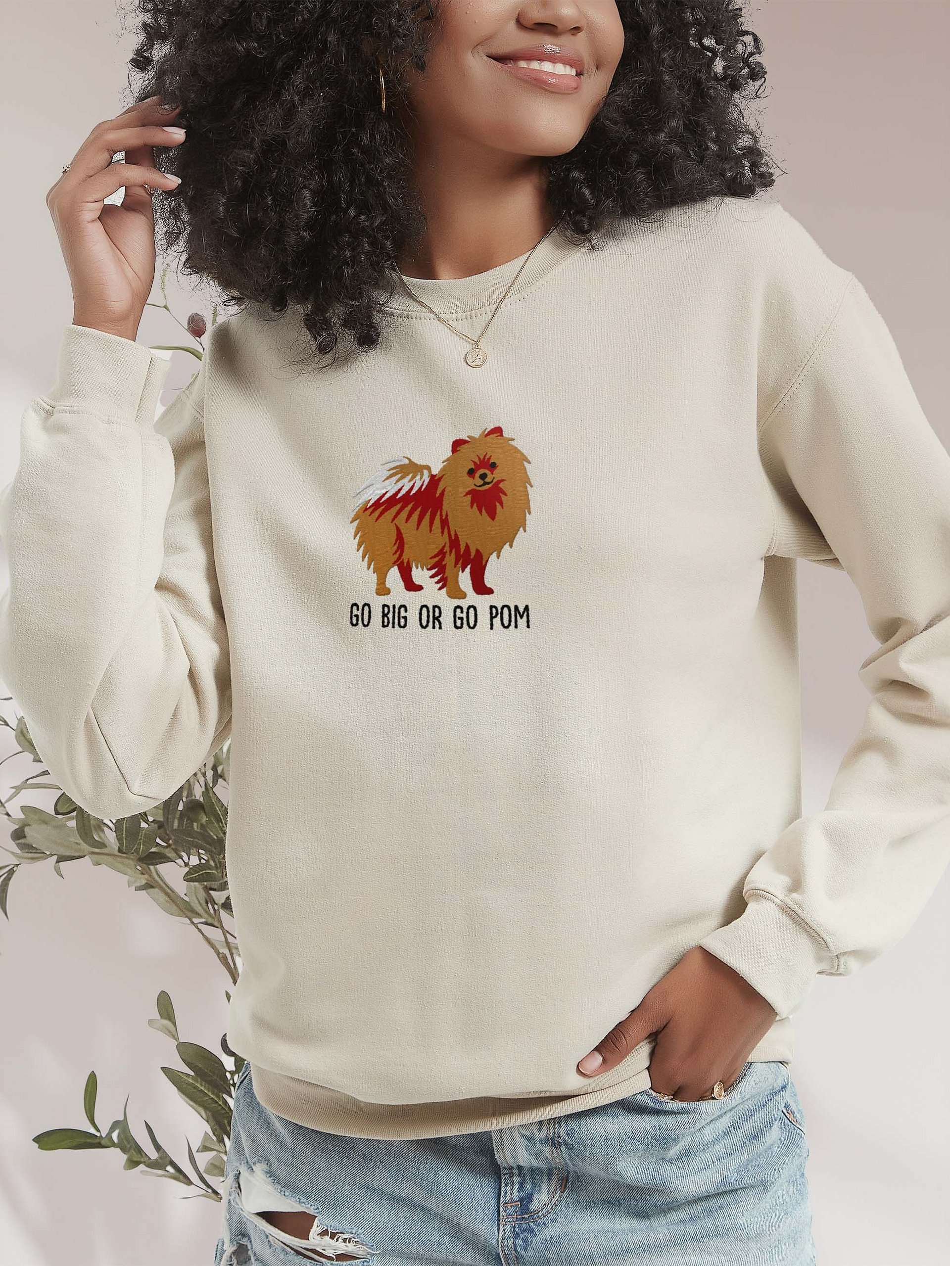 Go Big or Go Pom Sweatshirt (Embroidered) of a Pomeranian(Tan) product image (2)