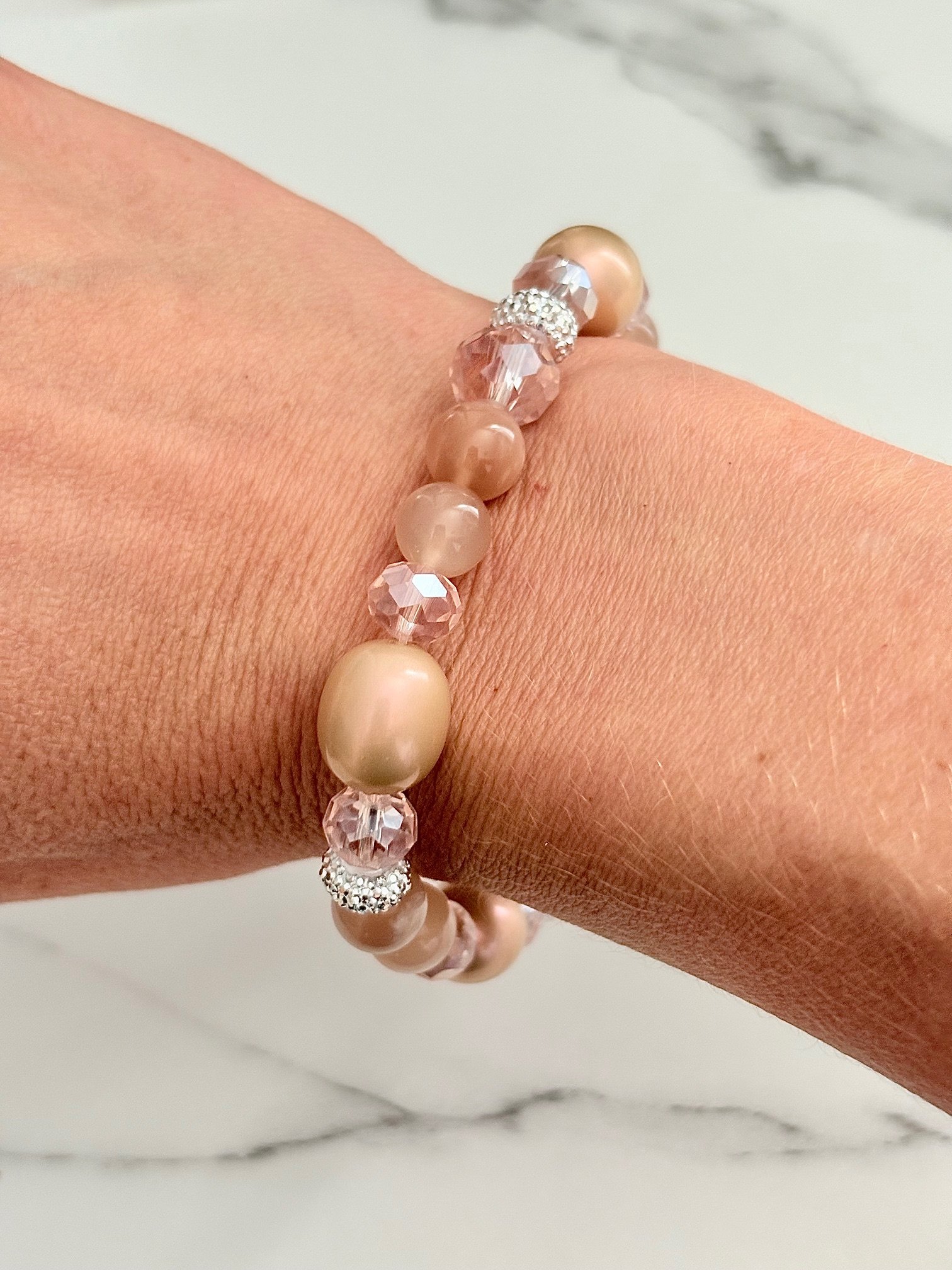 MFD-00049 | Blush Reverie | Semi-Precious & Pearlescent Bead Bracelet | Handmade 8" Stretch Bracelet | Coastal Charm Jewelry by Monique Faella Designs™ product image (4)