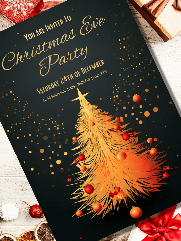 Golden Tree Christmas Eve Party Invitation | Editable in Canva | Christmas Party Printable | Holiday Invitation Template | Link to Canva product image (1)