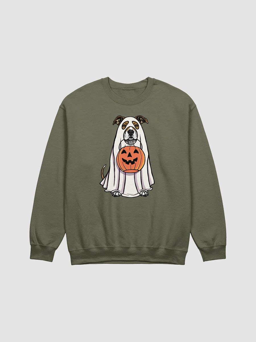 Funny Halloween Pitbull Terrier(Brindle) Sweatshirt | Funny Pittie Wearing a Ghost Costume and Holding a Pumpkin Basket product image (17)