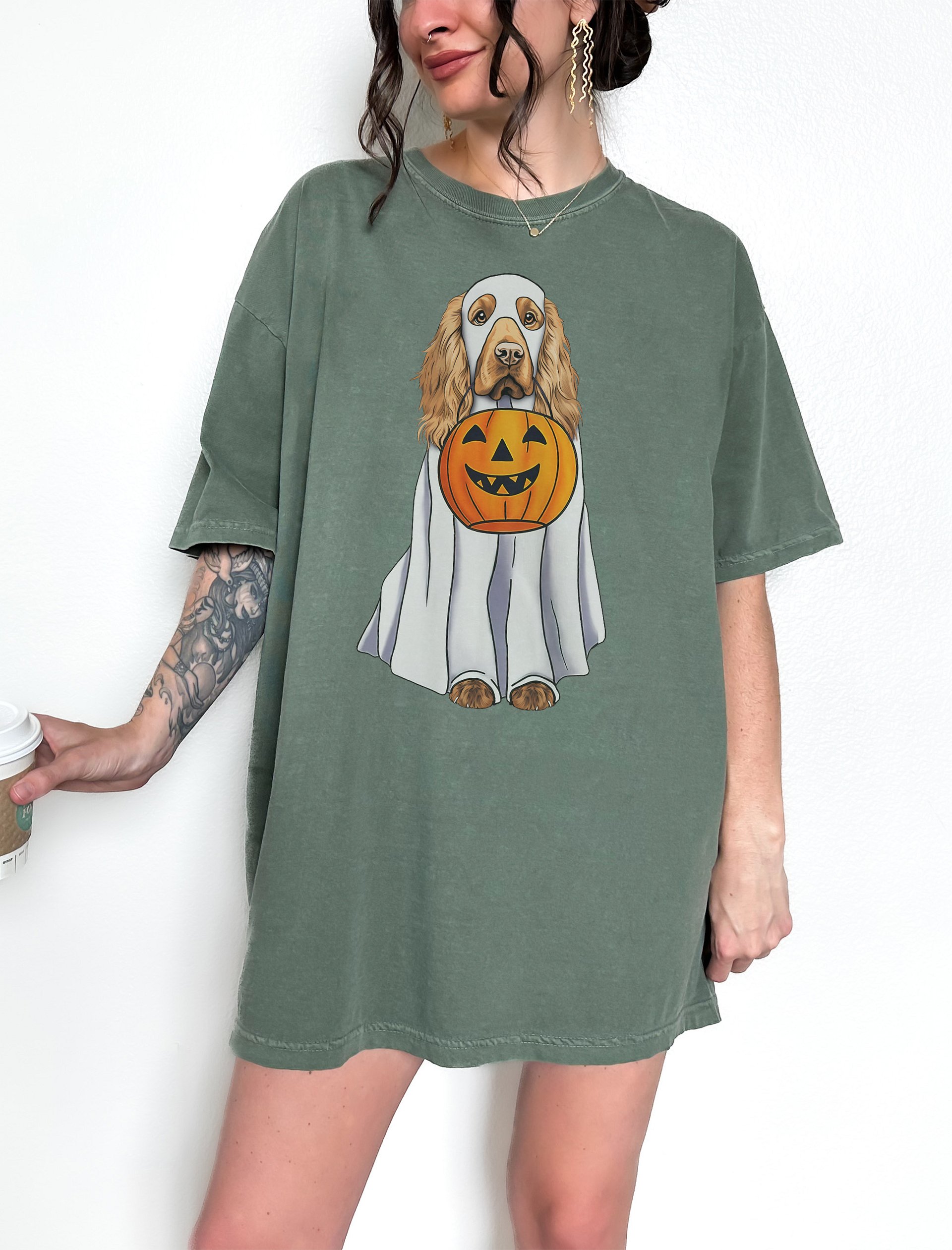 Cocker Spaniel Halloween Tee | Funny Fall Halloween Cocker Spaniel Wearing a Ghost Costume with Pumpkin Basket product image (1)