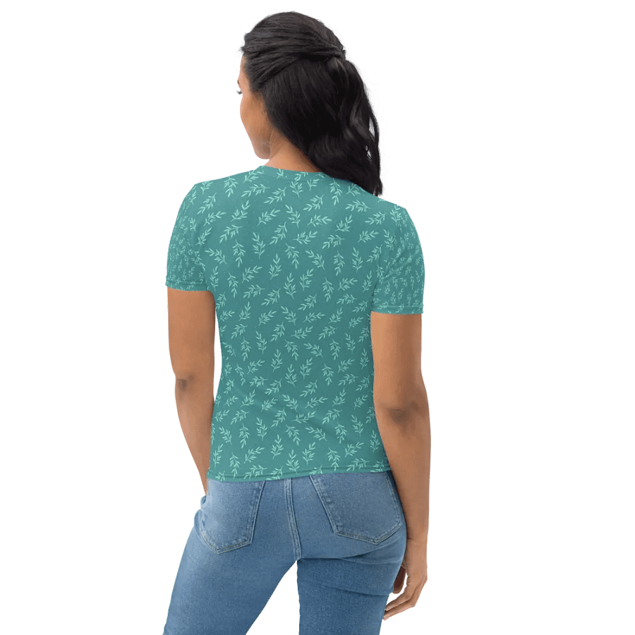 Ladies T shirt all over print teal color  leafy design  giving a fresh healthy feel. product image (7)