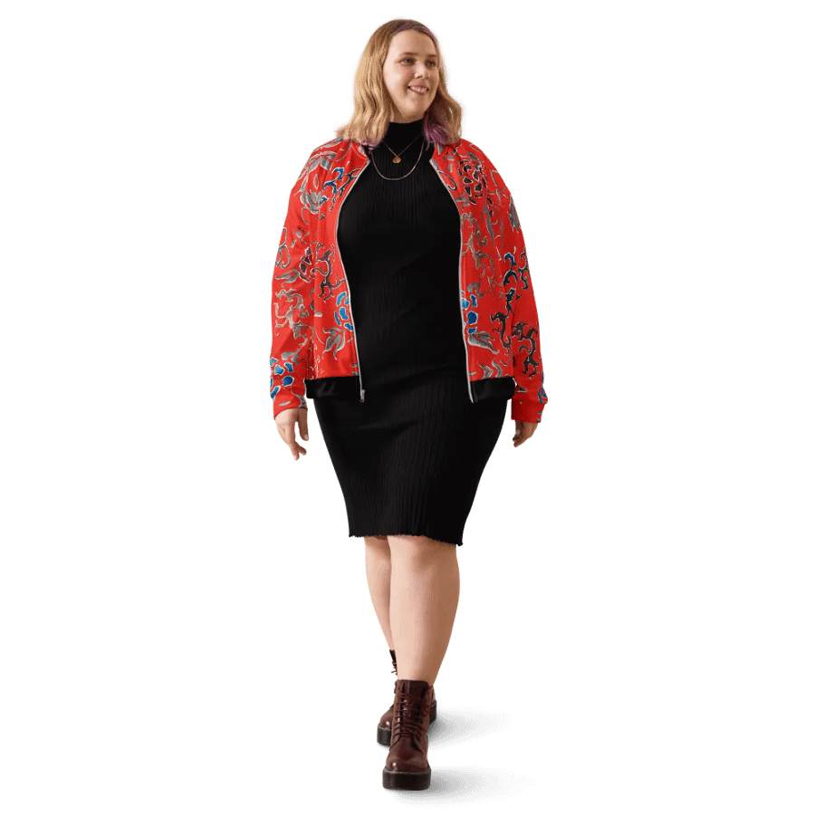 Red Oriental Floral Zip-Front Unisex Bomber Jacket product image (3)
