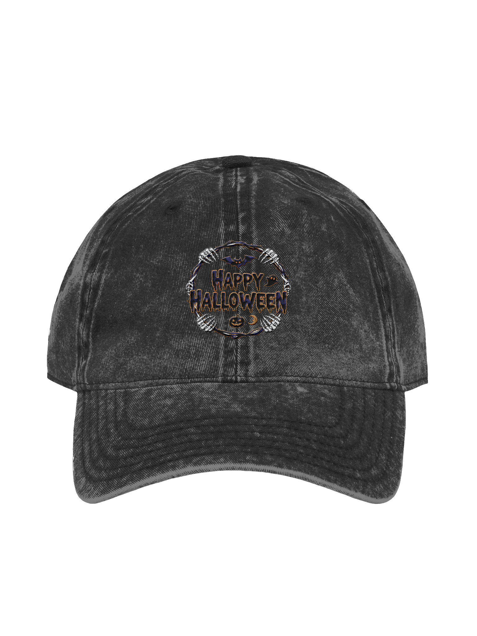 Happy Halloween Embroidered Hat – Vintage Black Baseball Cap with Spooky Skeleton & Pumpkin Design product image (1)