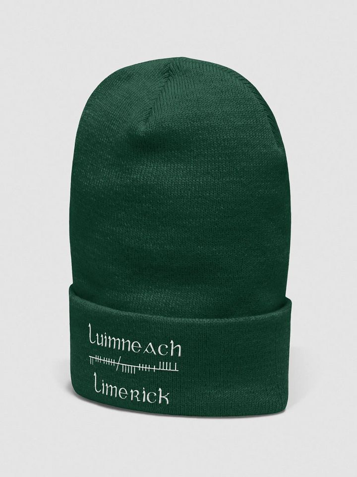 Limerick/Luimneach Orthodox Ogham, green with white, embroidered Cuffed Beanie product image (2)