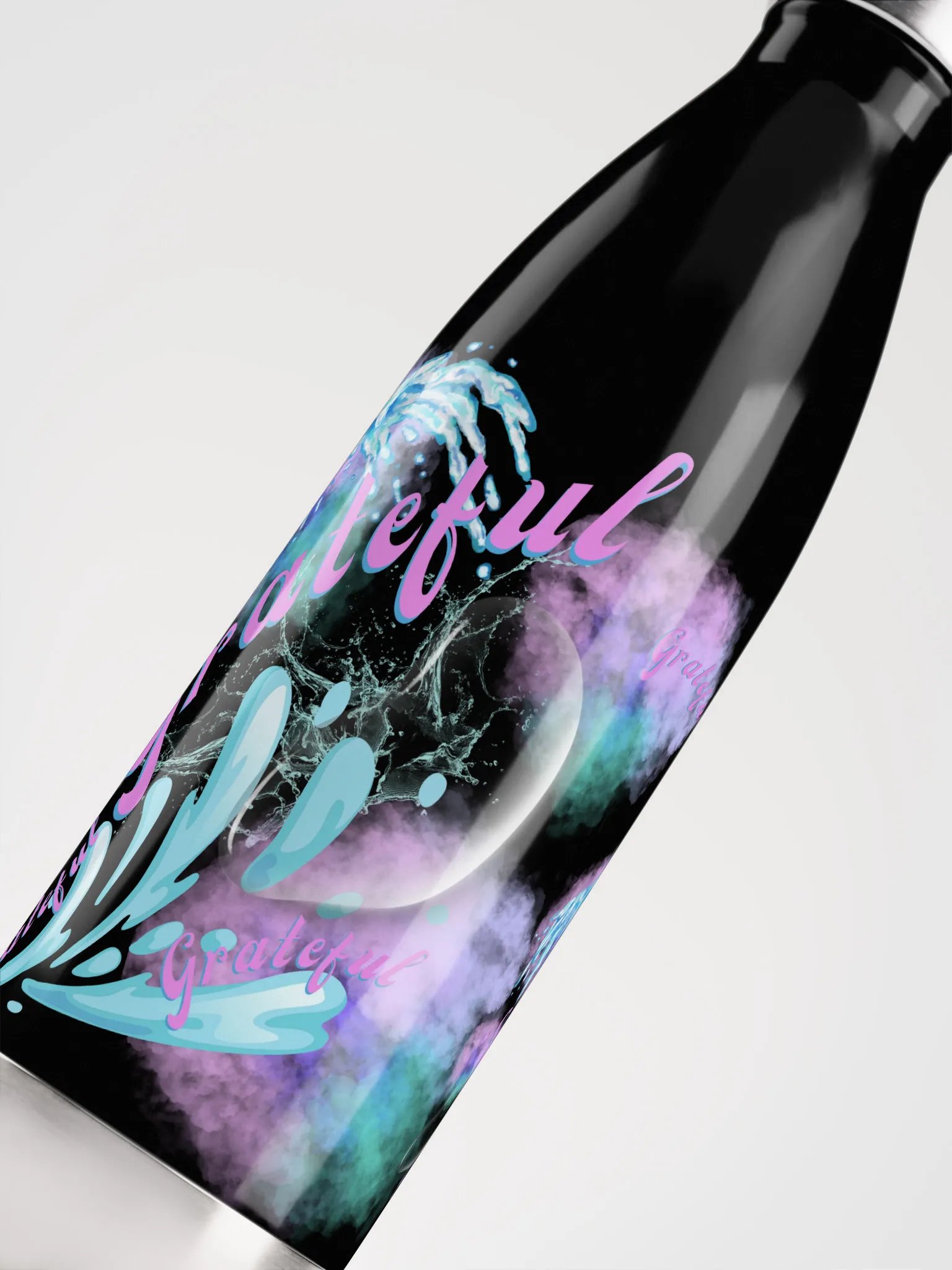 water bottle with beautiful swirly blue water splash and drops design featuring “Grateful’ product image (5)