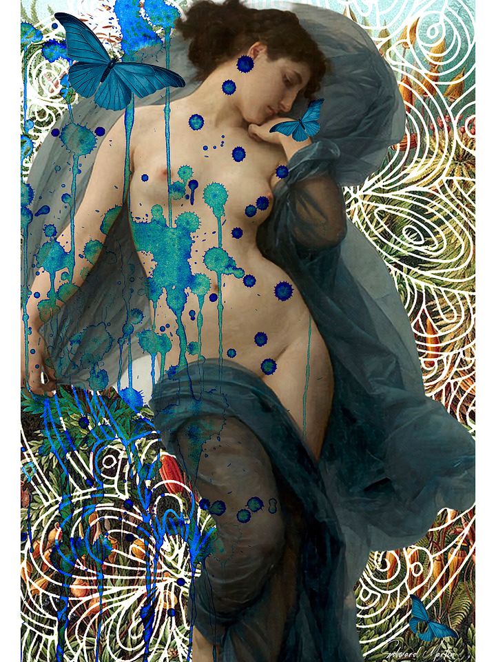 'Serene Moment' by Edward Martin-Mixed Media Collage-Surreal Blue Butterfly Poster product image (1)
