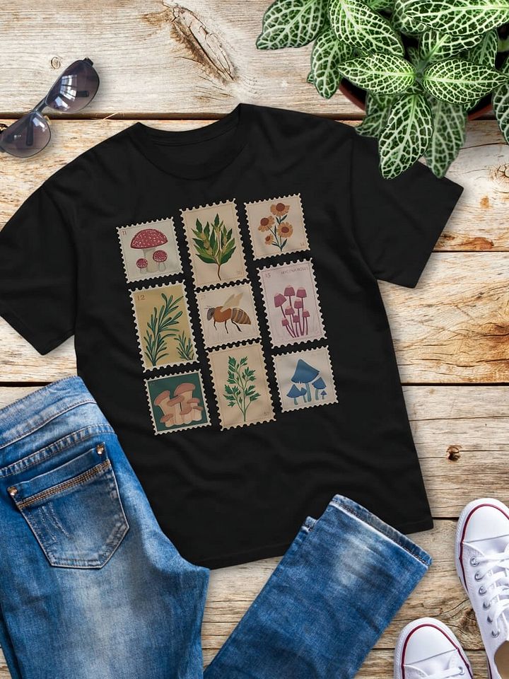 Vintage Stamps Graphic T-Shirt - Mushrooms, Botanicals & Bee Design - Nature-Inspired Tee product image (1)