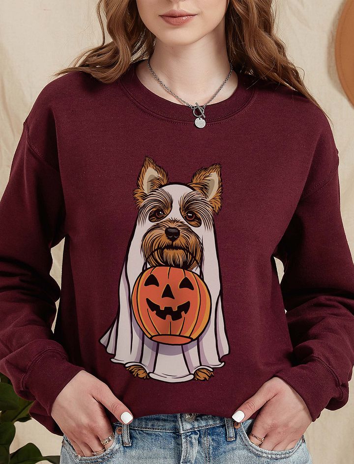 Funny Halloween Yorkshire Terrier Sweatshirt | Funny Yorkie Wearing a Ghost Costume and Holding a Pumpkin Basket product image (10)