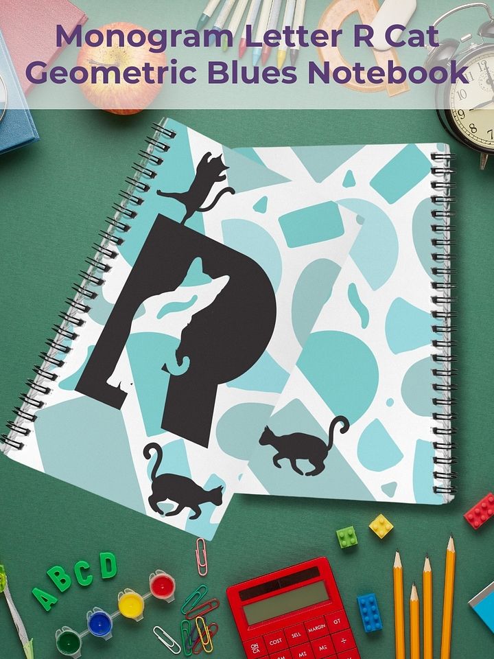 Monogram Letter R Cat Lover Geometric Blues Notebook product image (1)