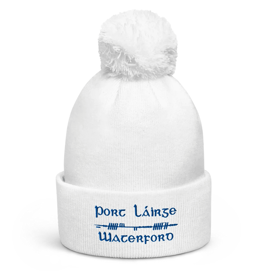 Waterford/Port Láirge, Scholastic style Ogham, white with blue, embroidered Pom-Pom Beanie product image (1)