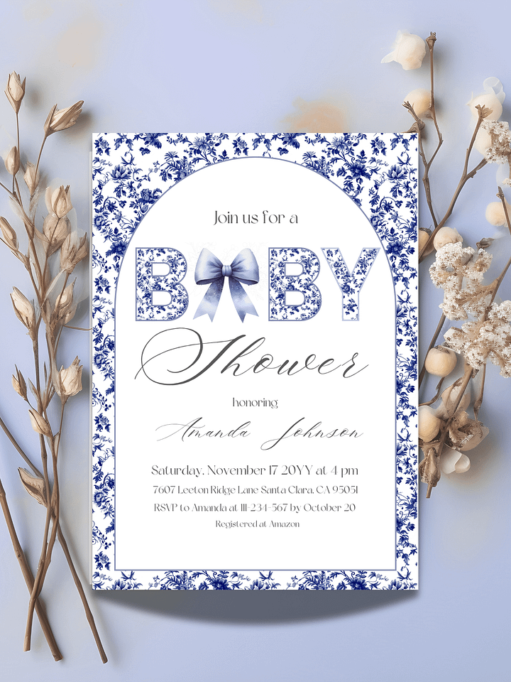 Blue Toile de Jouy and Bow Baby Shower Invitation, Chinoiserie Floral Theme, Boy Baby Shower Invite for Digital Download product image (1)