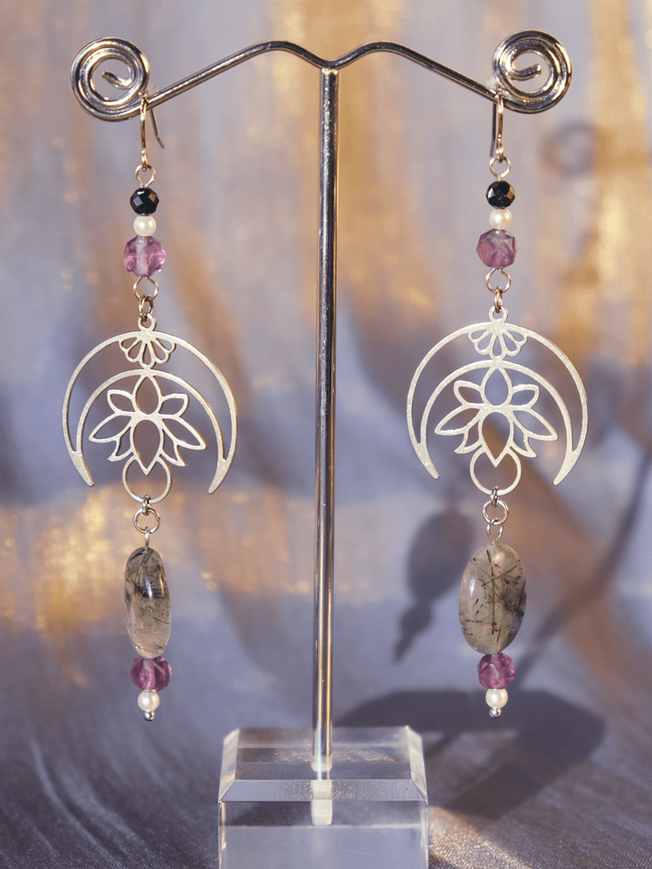 Moon lotus - Rutilated quartz, amethyst, and tourmaline earrings product image (1)