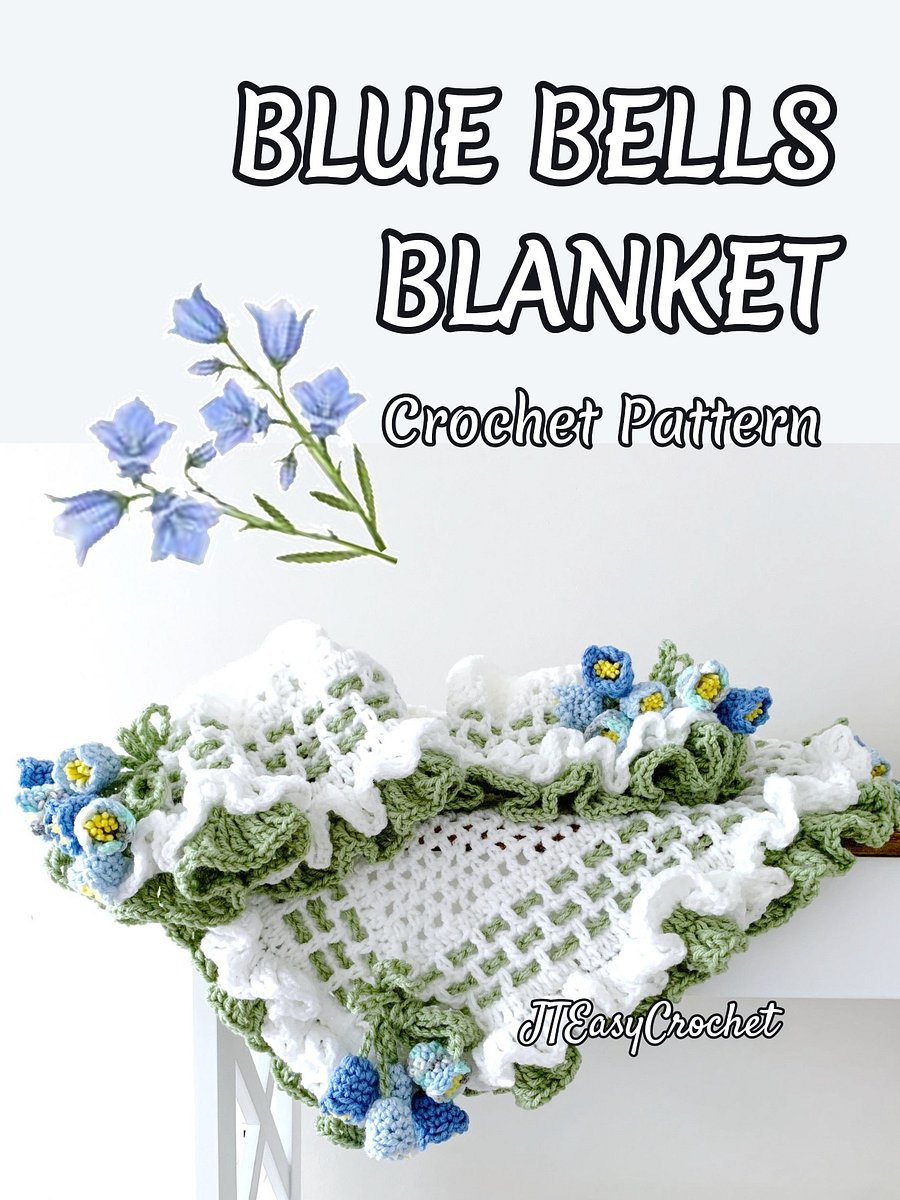 Blue Bells Flower Baby Girl Blanket Crochet Pattern, Infant Coming Home Blanket Floral Boho Throw Vintage Style product image (3)