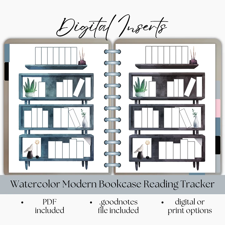 Watercolor Modern Bookcase Reading Tracker Planner Digital Insert- Portrait Orientation product image (1)