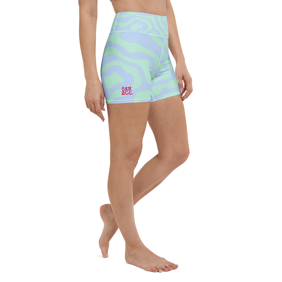 All-Over Print Yoga Shorts | with Inside Pocket | BRN.2C.C.™ | Coastal-Inspired Activewear | Vibrant Pink Logo on Wavy Pastel Stripes product image (3)