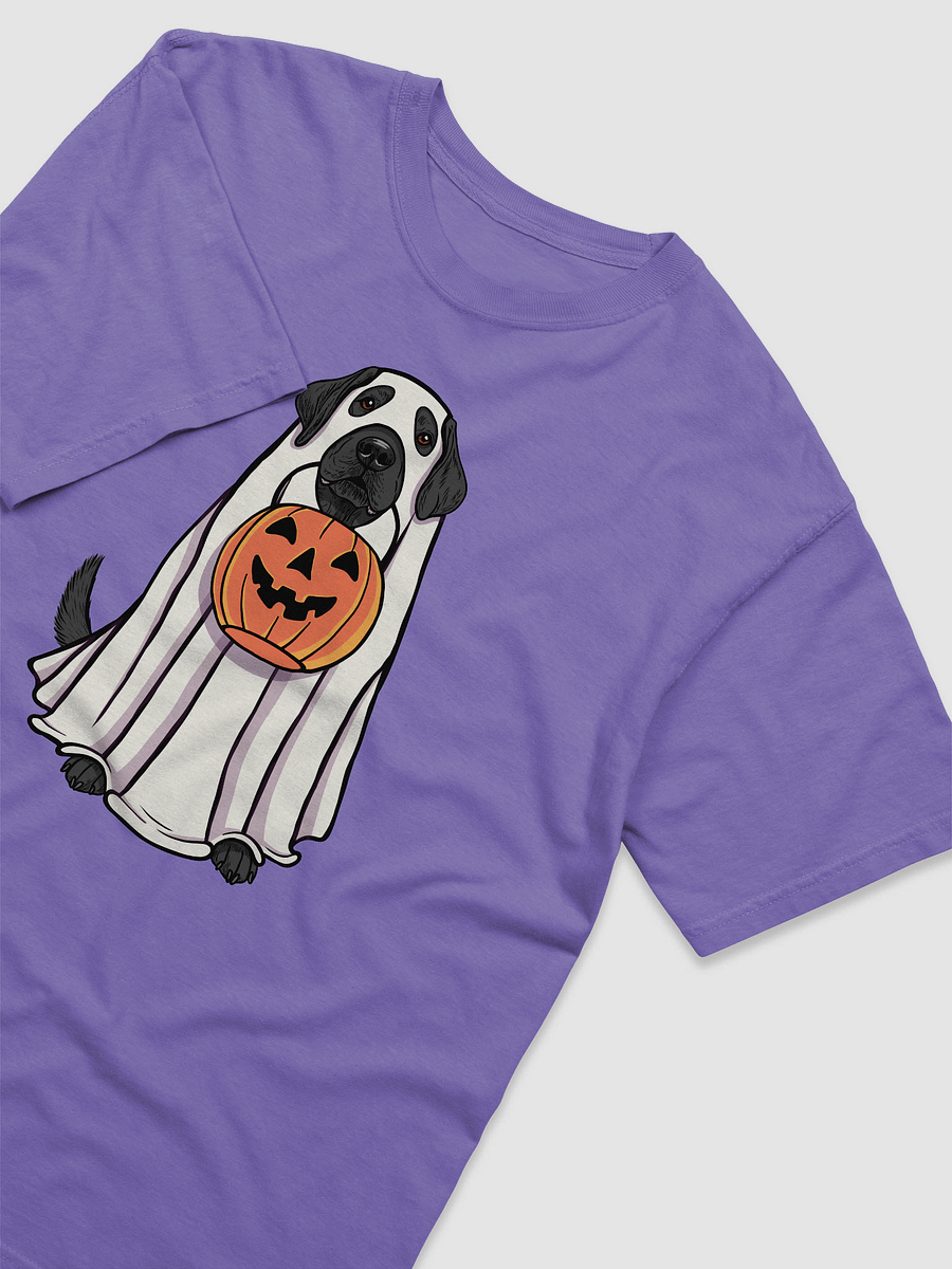 Funny Halloween Labrador Retriever(Black) T-Shirt | Funny Labrador Wearing a Ghost Costume and Holding a Pumpkin Basket product image (29)