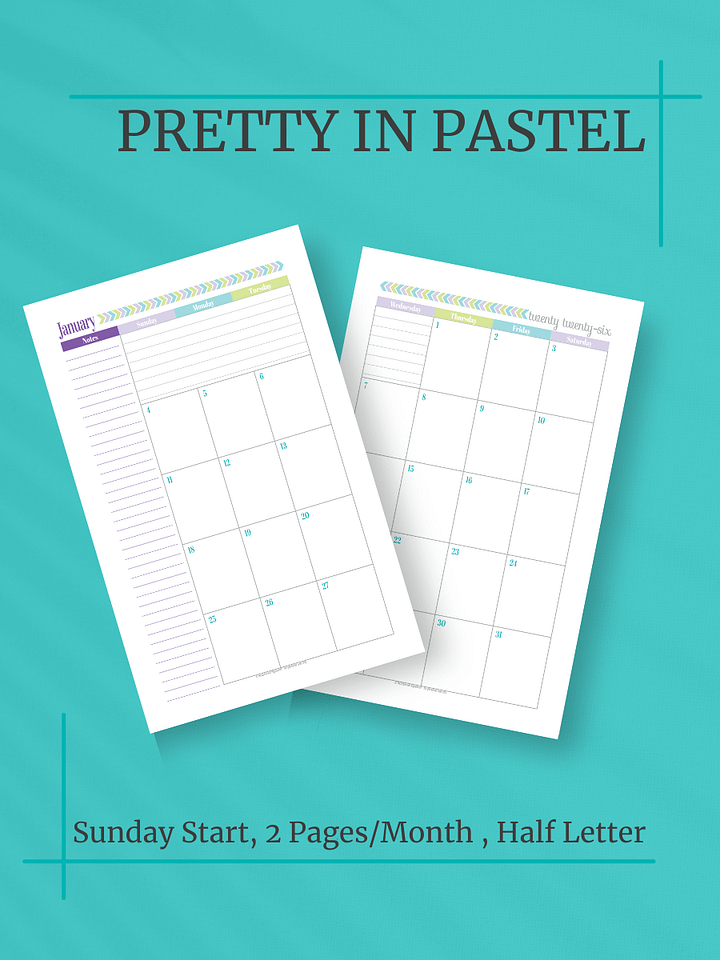 Pretty in Pastel 2026 Calendar - 2 Pages per Month, Sunday Start, Half Letter Size product image (1)