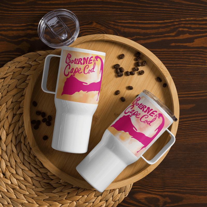 BOURNE to Cape Cod™ | Allcolor 267 | Stainless Steel Travel Mug with Handle | Insulated, Spill-Proof, Coastal Adventure Style | Pink Logo on Orange Tie-Dye product image (6)