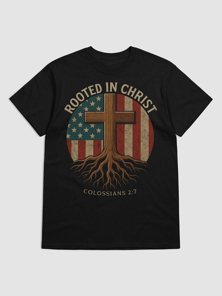 Christian T-Shirt – Rooted in Christ American Flag Cross Graphic Tee product image (1)