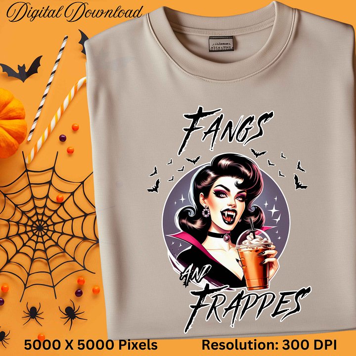 Vampire Girl Halloween Sublimation, Fangs and Frappes PNG, Spooky Coffee Digital Download, Gothic Fall Clipart for Shirts product image (2)