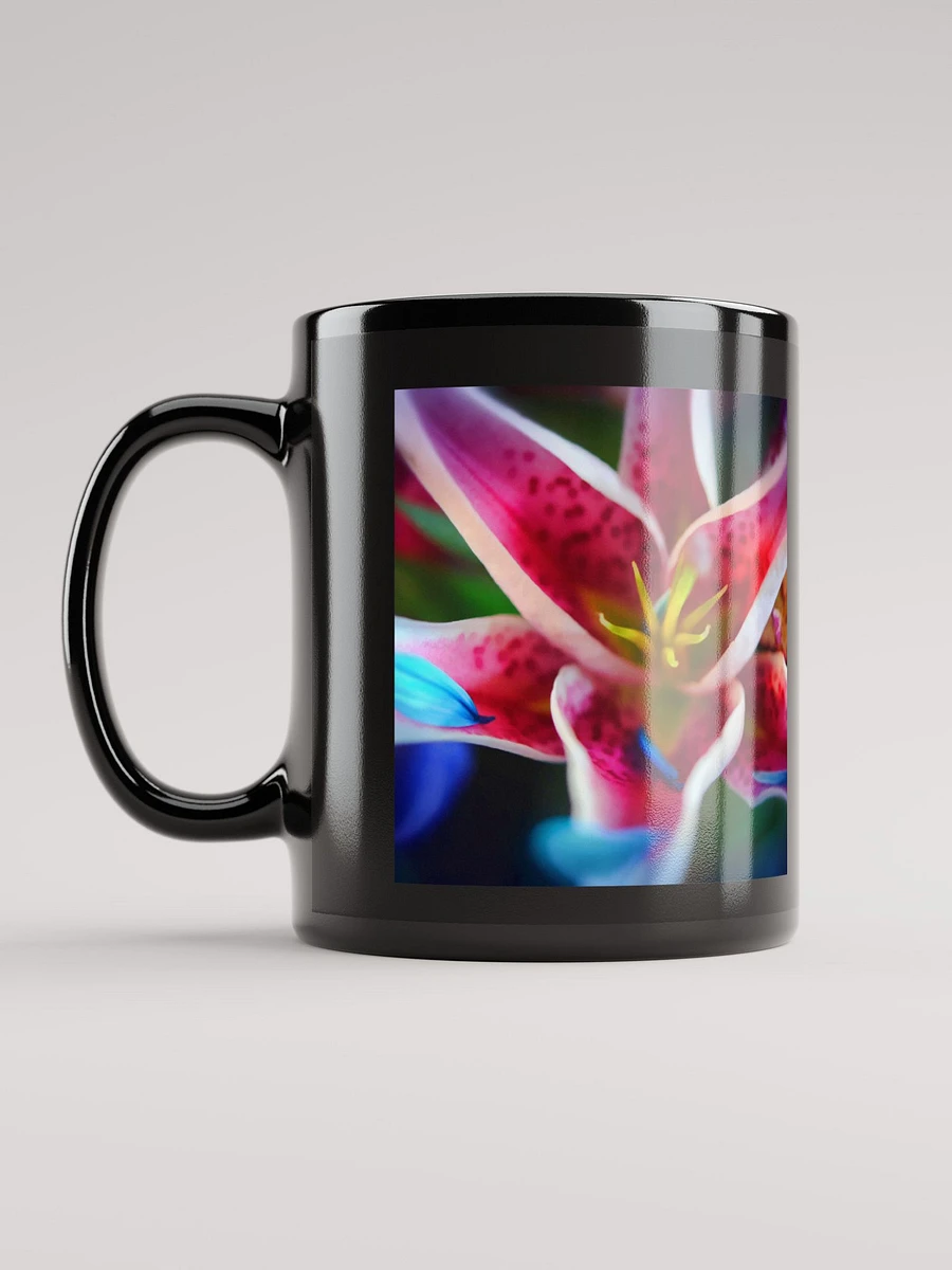 Blue Petals on a Pink and White Lily Black Coffee Mug product image (6)
