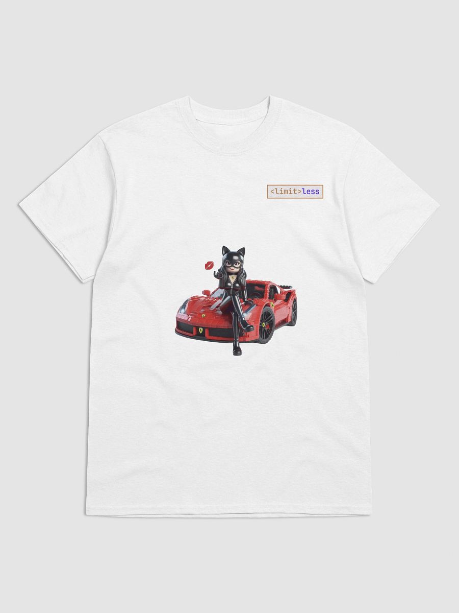 LEGO-Style Catwoman Blowing a Kiss on Ferrari – Geek T-Shirt Design product image (4)