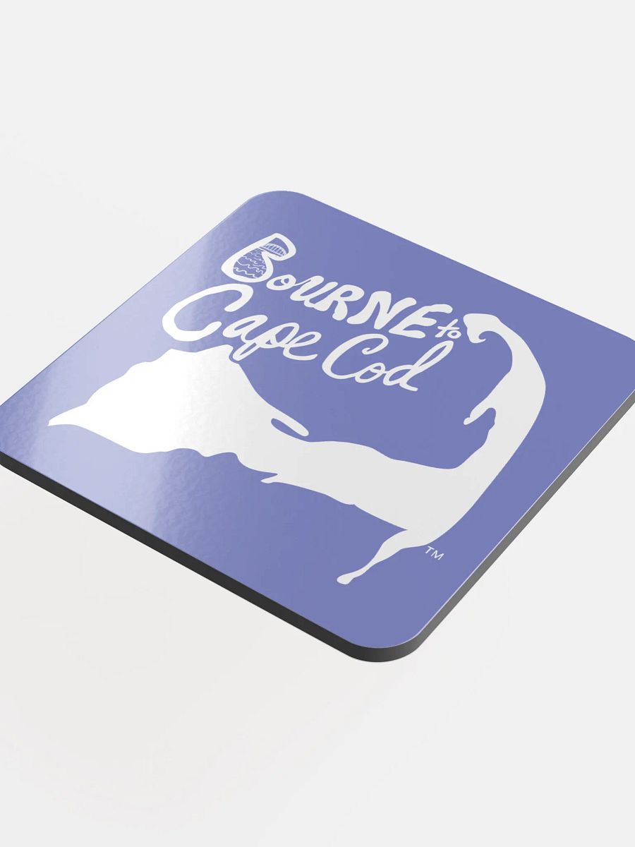 BOURNE to Cape Cod™ | Coastal Coaster | Glossed Cork | Eco-Friendly | Minimalist Coastal Decor | 3.74" Square | White Logo on Slate Blue product image (4)