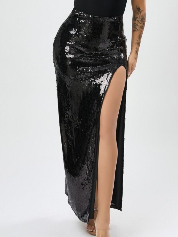 Wholesale high quality sexy slight stretch solid sequins high slit high waist maxi skirt product image (1)
