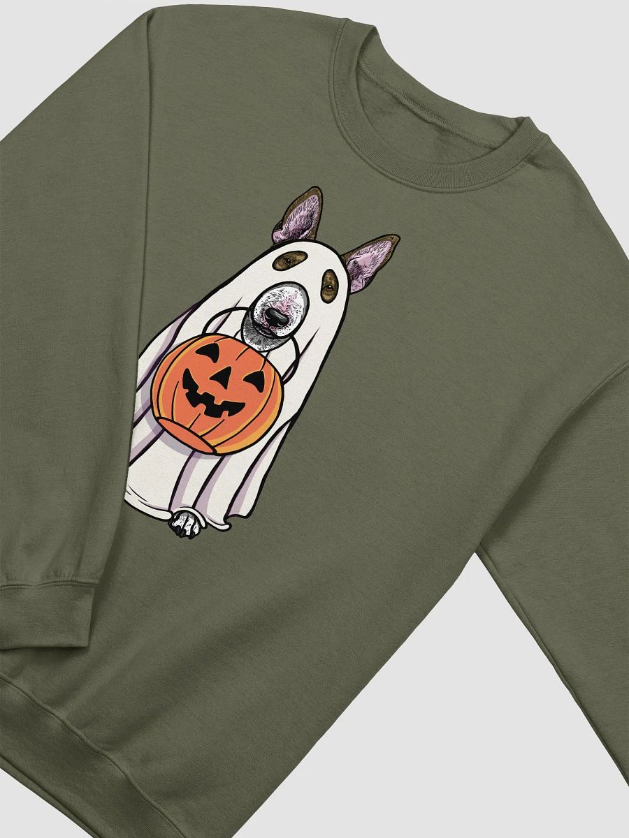 Funny Halloween Bull Terrier(Brindle) Sweatshirt | Funny Dog Wearing a Ghost Costume and Holding a Pumpkin Basket product image (18)