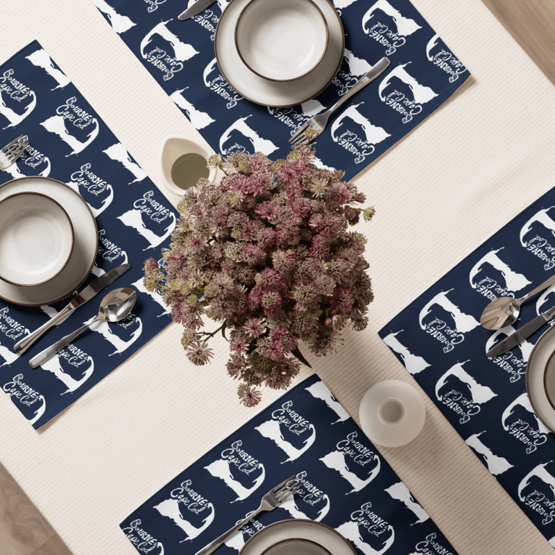 BOURNE to Cape Cod™ | Spring Garden Floral Placemats – Royal Blue on Black, Set of 4 | White Logo product image (1)