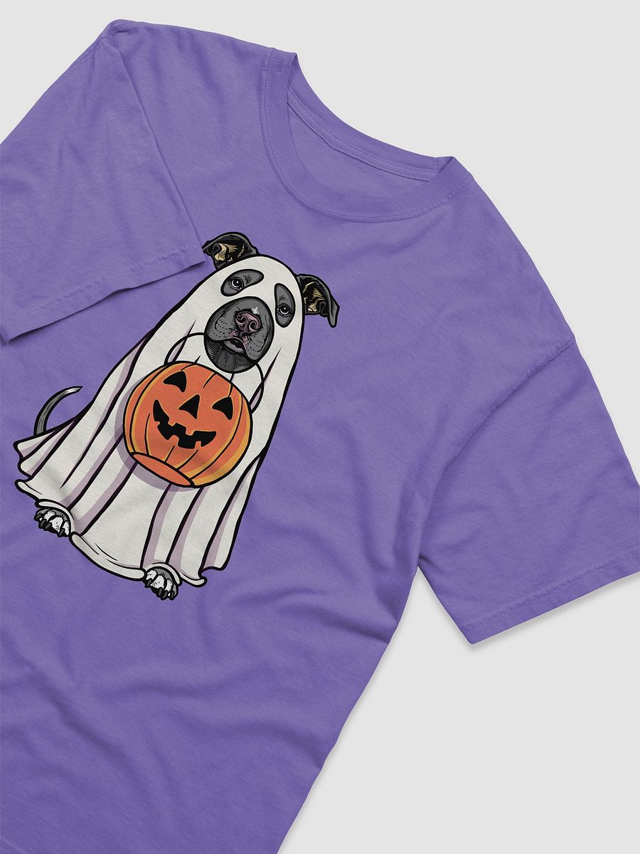 Funny Halloween Pitbull Terrier(Blue) T-Shirt | Funny Pittie Wearing a Ghost Costume and Holding a Pumpkin Basket product image (29)